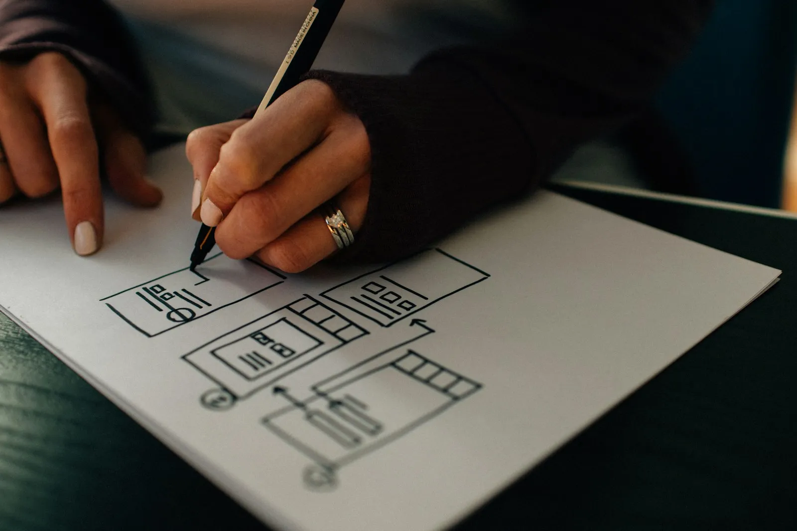 Hands sketching interface layouts on paper